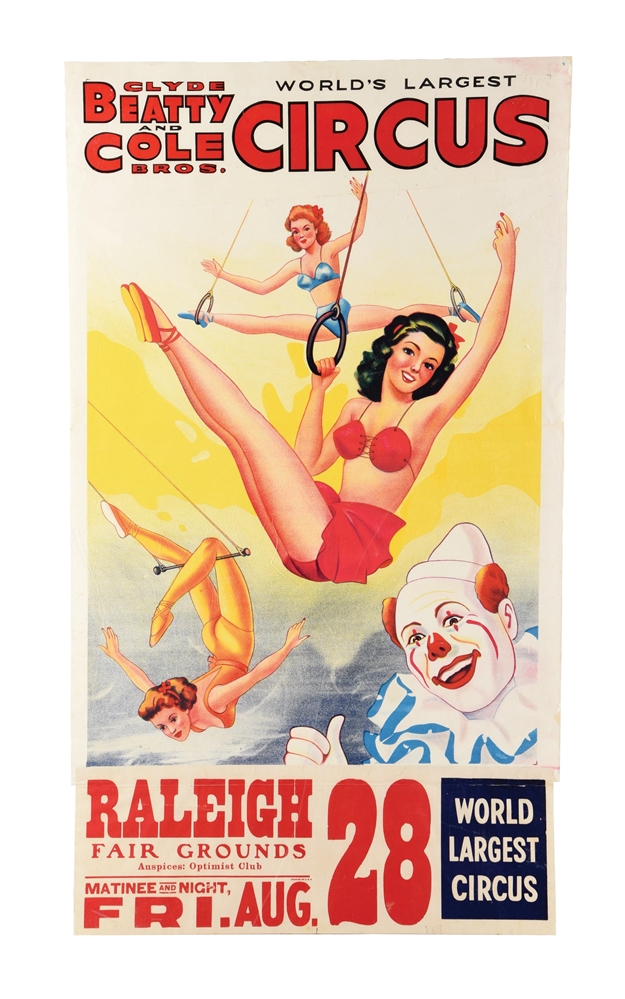 CLYDE BEATTY & COLE BROS. WORLDS LARGEST CIRCUS PAPER LITHOGRAPH CIRCUS POSTER W/ BEAUTIFUL WOMAN & CLOWN GRAPHIC