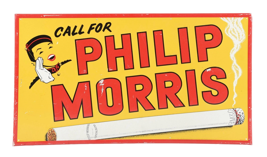 CALL FOR PHILLIP MORRIS SELF-FRAMED EMBOSSED TIN SIGN W/ CIGARETTE GRAPHIC