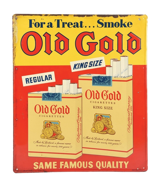 OLD GOLD CIGARETTES SELF-FRAMED EMBOSSED TIN SIGN W/ CIGARETTE PACK GRAPHIC