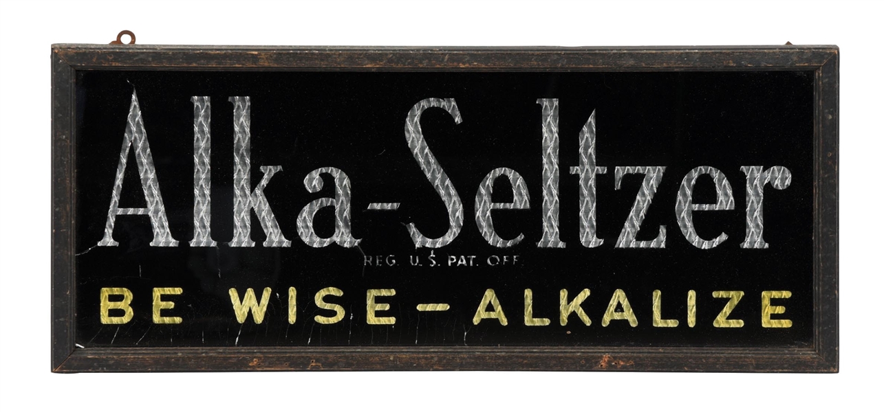 ALKA-SELTZER REVERSE-PAINTED GLASS SIGN