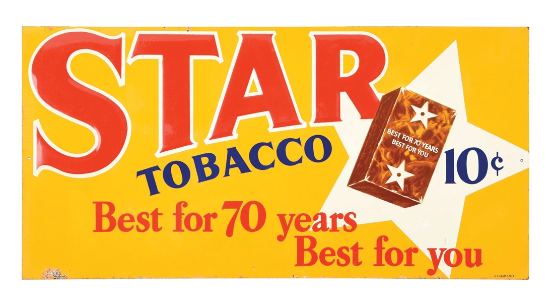 10¢ STAR TOBACCO EMBOSSED TIN SIGN W/ EARLY TOBACCO PACK GRAPHIC