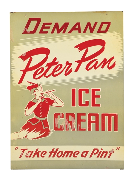 PETER PAN ICE CREAM EMBOSSED TIN SIGN W/ PETER PAN GRAPHIC