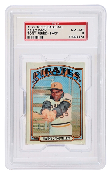 1972 TOPPS BASEBALL CELLO PACK TONY PEREZ BACK PSA 8