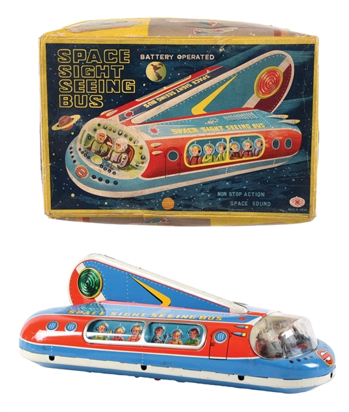 FANTASTIC JAPANESE TIN LITHO BATTERY-OPERATED SPACE SIGHT SEEING BUS IN ORIGINAL BOX