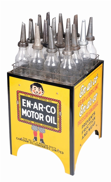 ENARCO MOTOR OILS & WHITE ROSE GASOLINE SERVICE STATION OIL BOTTLE RACK W/ BOTTLES. 