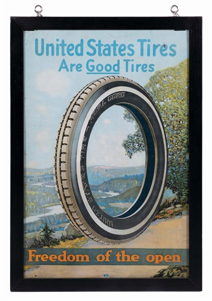 UNITED STATES TIRES TIN SERVICE STATION SIGN W/ TIRE GRAPHIC. 
