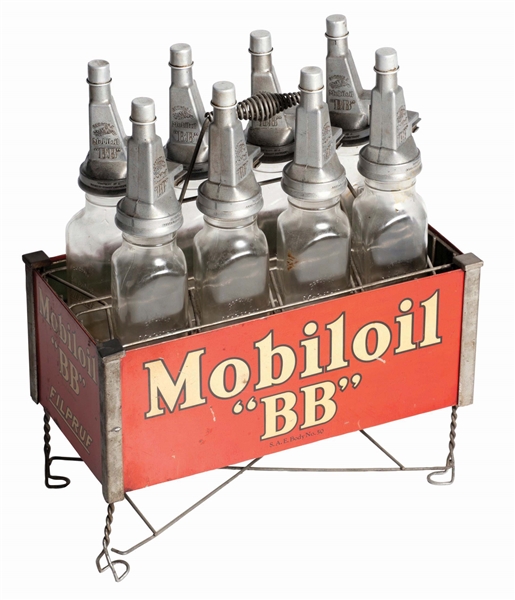 MOBILOIL "BB" MOTOR OIL BOTTLE RACK COMPLETE WITH MOBILOIL "FILPRUF" BOTTLES. 