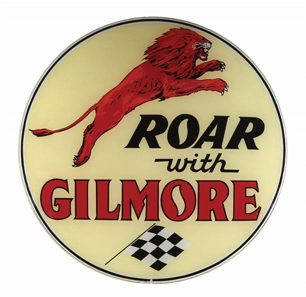 RARE GILMORE "ROAR WITH GILMORE" 15" GLOBE LENS W/ LION & CHECKERED FLAG GRAPHIC. 