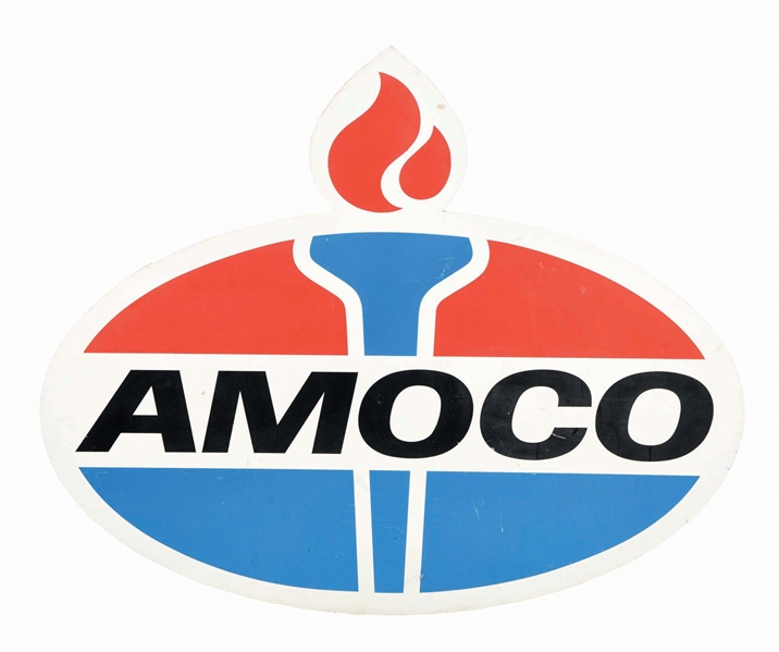 AMOCO GASOLINE PAINTED METAL SIGN W/ COOKIE CUTTER EDGE. 