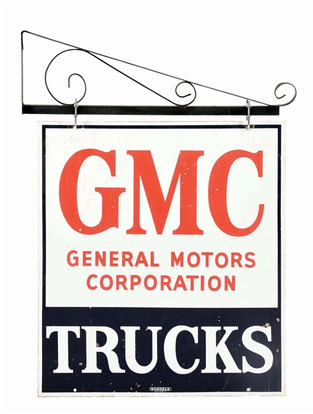 GMC TRUCKS PORCELAIN SIGN W/ BRACKET.