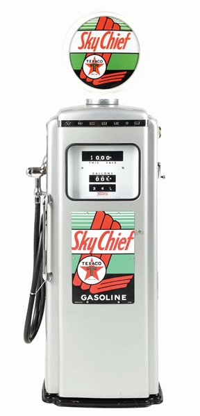 TOKHEIM MODEL #300 GAS PUMP RESTORED IN TEXACO SKY CHIEF GASOLINE. 