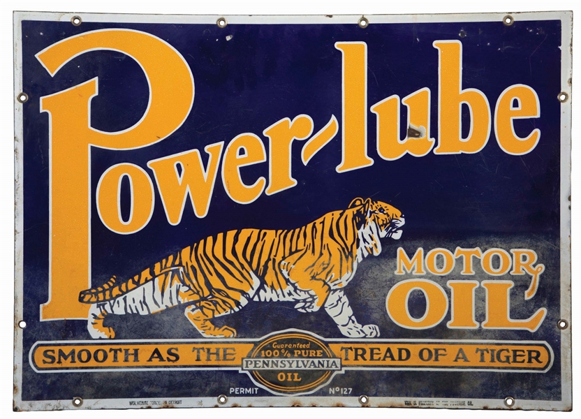 POWERLUBE MOTOR OIL PORCELAIN SIGN W/ TIGER GRAPHIC. 