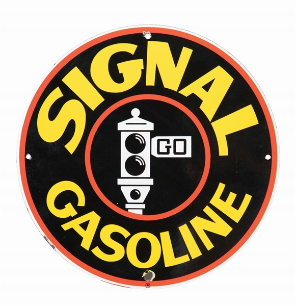 SIGNAL GASOLINE PORCELAIN PUMP PLATE SIGN W/ BLACK STOP LIGHT LOGO. 