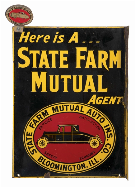 STATE FARM MUTUAL AUTO INSURANCE PORCELAIN SIGN W/ CAR GRAPHIC. 