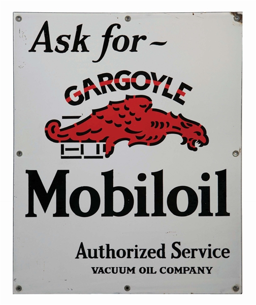 ASK FOR GARGOYLE MOBILOIL PORCELAIN CABINET SIGN.