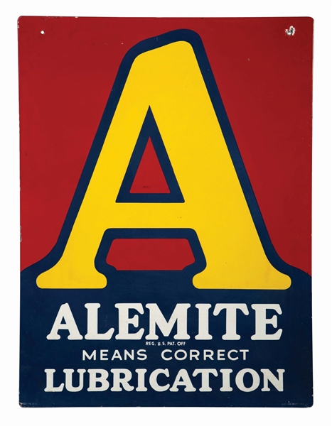 ALEMITE MEANS CORRECT LUBRICATION PORCELAIN SERVICE STATION SIGN.