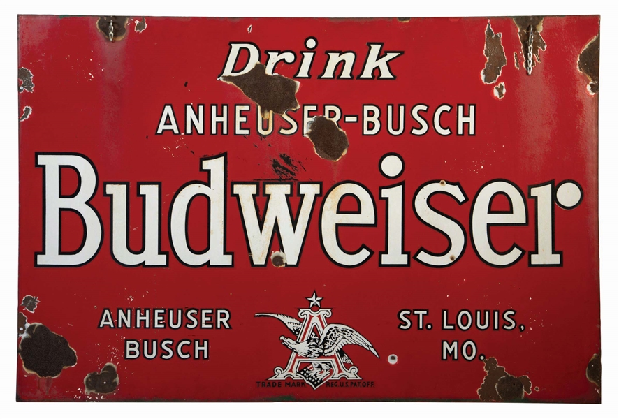 DRINK BUDWEISER BEER PORCELAIN SIGN W/ EARLY EAGLE GRAPHIC. 