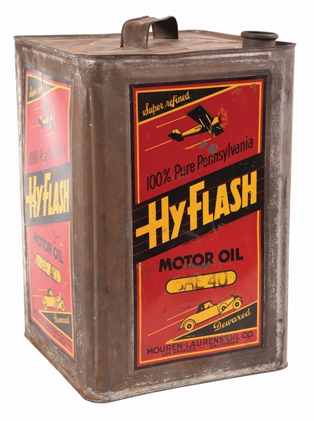 RARE HY FLASH MOTOR OIL FIVE GALLON SQUARE CAN W/ CAR & AIRPLANE GRAPHICS. 