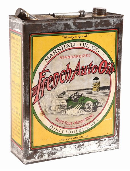 FRENCH AUTO OIL ONE GALLON MOTOR OIL CAN W/ RACE CAR GRAPHIC. 
