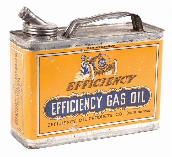RARE EFFICIENCY GAS OIL HALF GALLON CAN W/ RACE CAR GRAPHIC. 