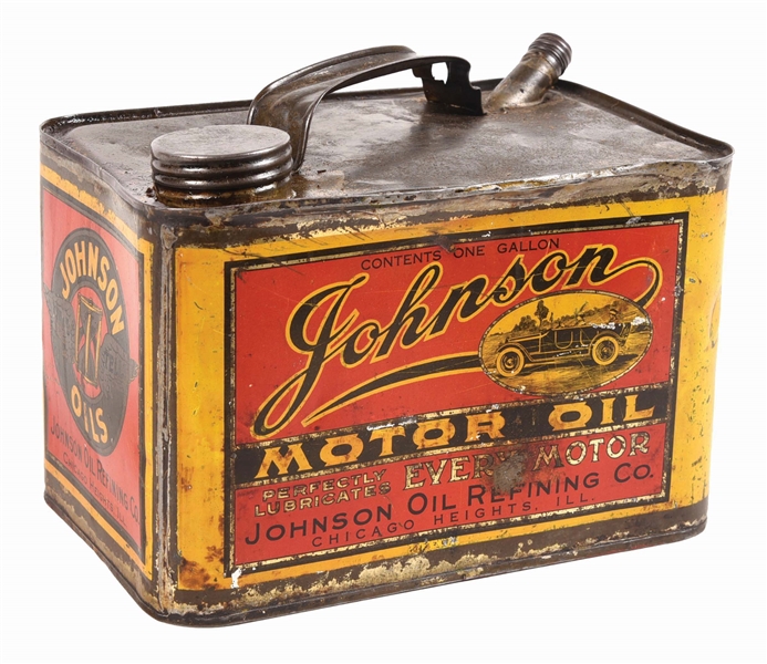 RARE JOHNSON MOTOR OIL ONE GALLON CAN W/ EARLY CAR GRAPHIC. 