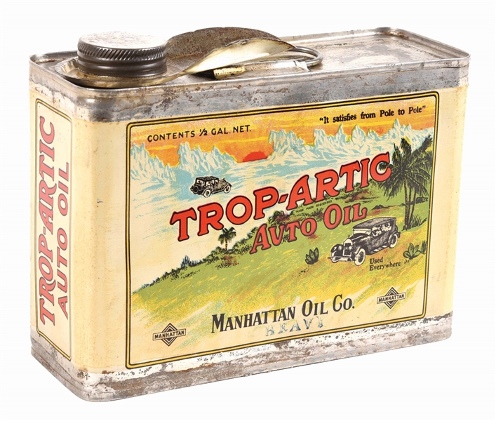 OUTSTANDING TROP-ARTIC AUTO OIL HALF GALLON OIL CAN W/ CAR GRAPHIC. 