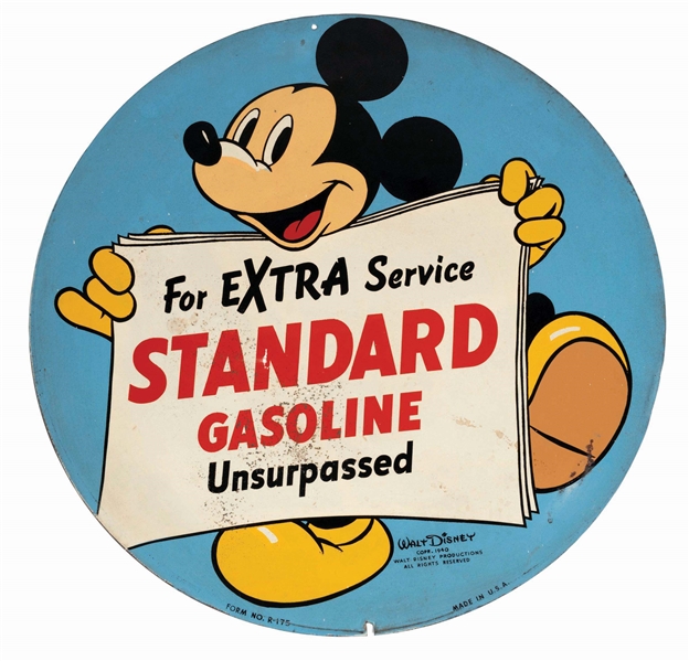 STANDARD UNSURPASSED GASOLINE TIN TAXI CAB SIGN W/ MICKEY MOUSE GRAPHIC. 