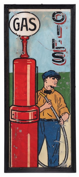 RARE HAND PAINTED ITHACA SERVICE STATION SIGN W/ PUMP AND ATTENDANT GRAPHIC. 