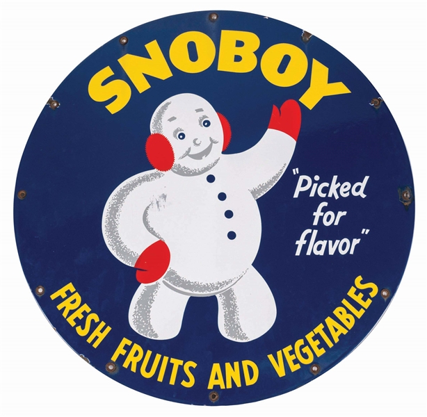 SNOBOY FRESH FRUITS AND VEGETABLES PORCELAIN SIGN W/ SNOWMAN GRAPHIC. 
