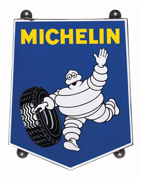 MICHELIN TIRES DIE-CUT PORCELAIN SIGN W/ BIBENDUM GRAPHIC.