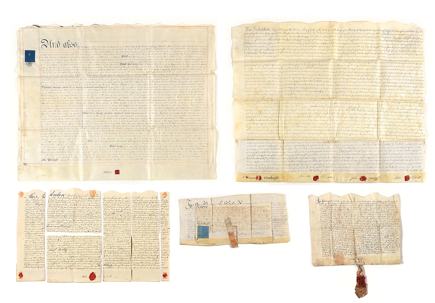 LOT OF 5: INDENTURES INCLUDING JAMES DE LANCEY, NEW YORK COLONIAL CHIEF JUSTICE AND 1537 PRIOR OF WORCESTER.