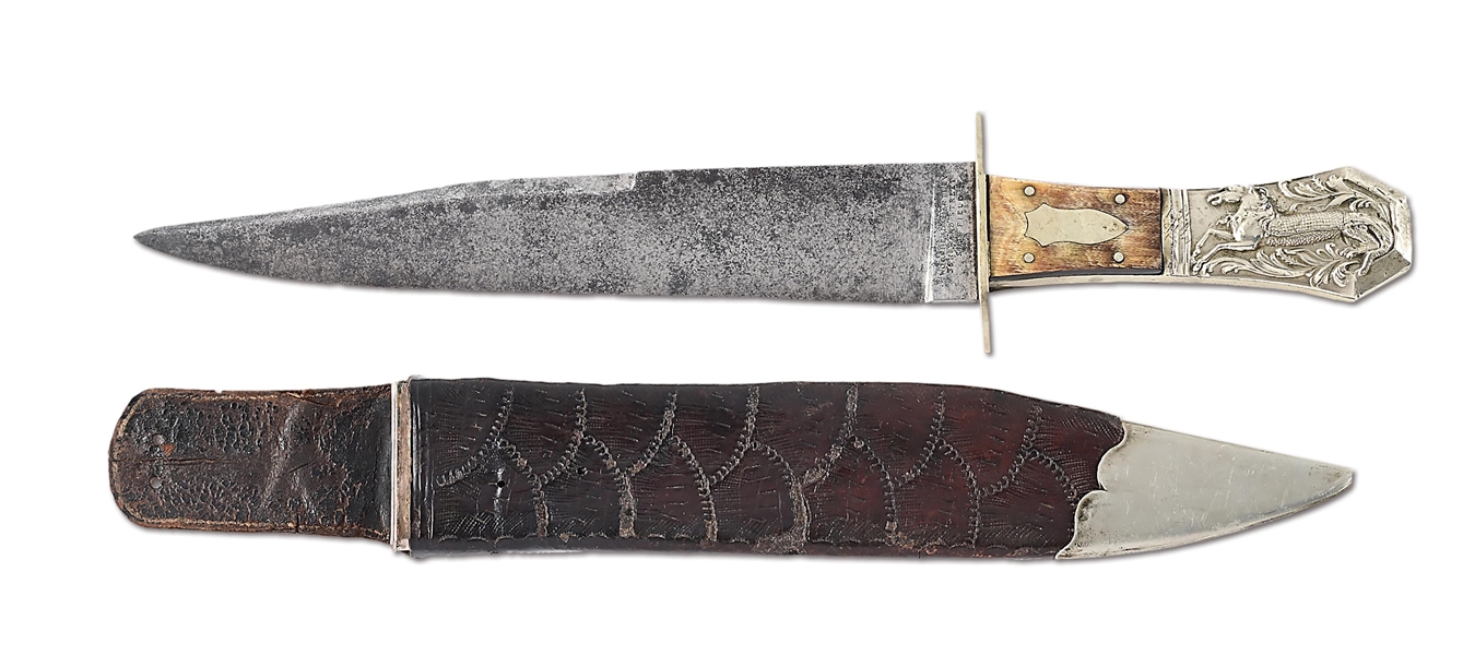 WOODHEAD & HARTLEY BOWIE KNIFE WITH HORSE AND ALLIGATOR POMMEL.