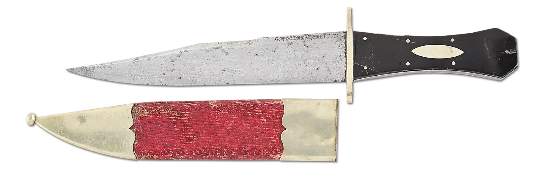 GEORGE WOODHEAD SHEFFIELD BOWIE KNIFE WITH PATRIOTIC ACID ETCHING.