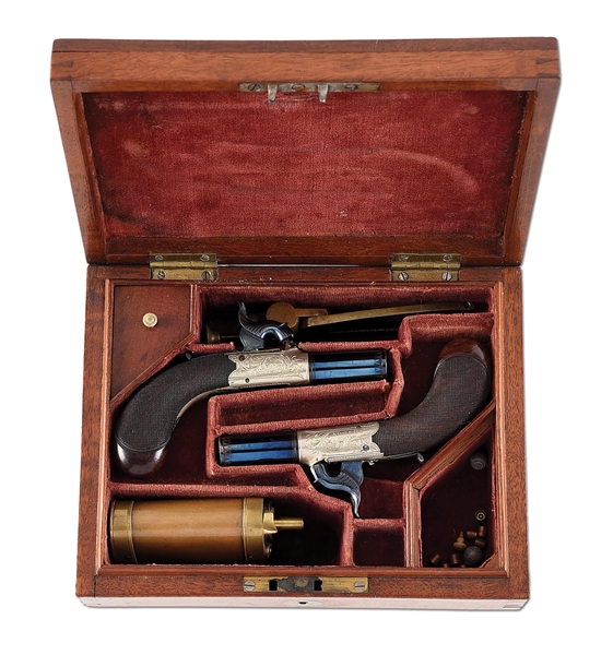 (A) FINE CASED PAIR OF ENGLISH BOXLOCK PERCUSSION PISTOLS BY J. WILLIAMS. 