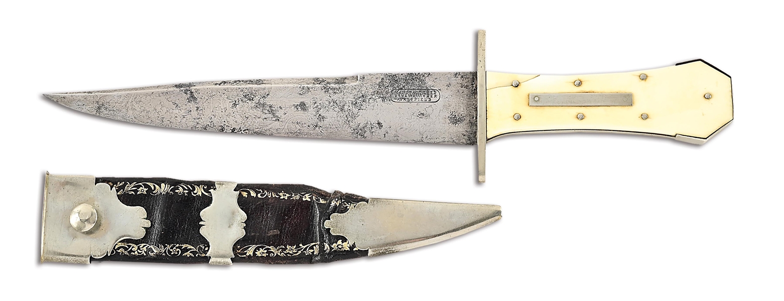W&S BUTCHER BOWIE WITH ACID ETCHED MOTIFS ON BLADE.