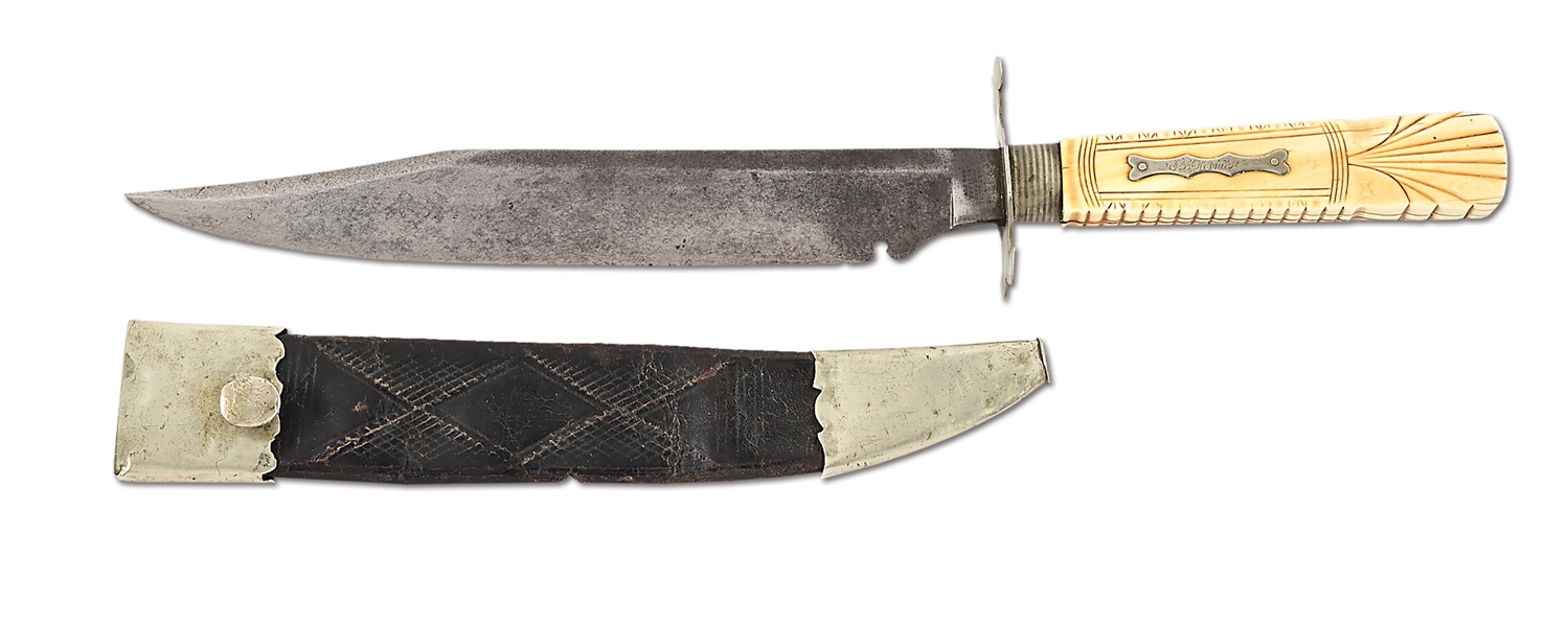 ALFRED HUNTER BOWIE KNIFE WITH PRESENTATION ON GRIP.