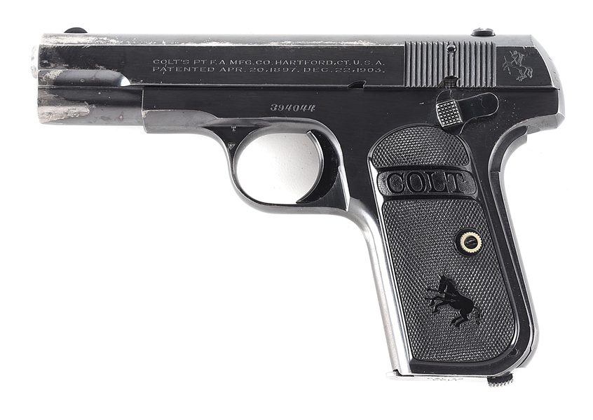 (C) RARE COLT MODEL 1903 POCKET HAMMERLESS SEMI AUTOMATIC PISTOL WITH REVERSE CUT SLIDE SERRATIONS.