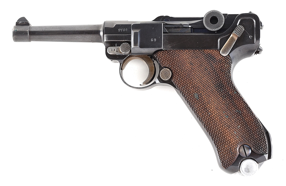 (C) G DATE MAUSER "S/42" CODE P.08 LUGER SEMI AUTOMATIC PISTOL WITH MATCHING HOLSTER AND 2 MAGAZINES.