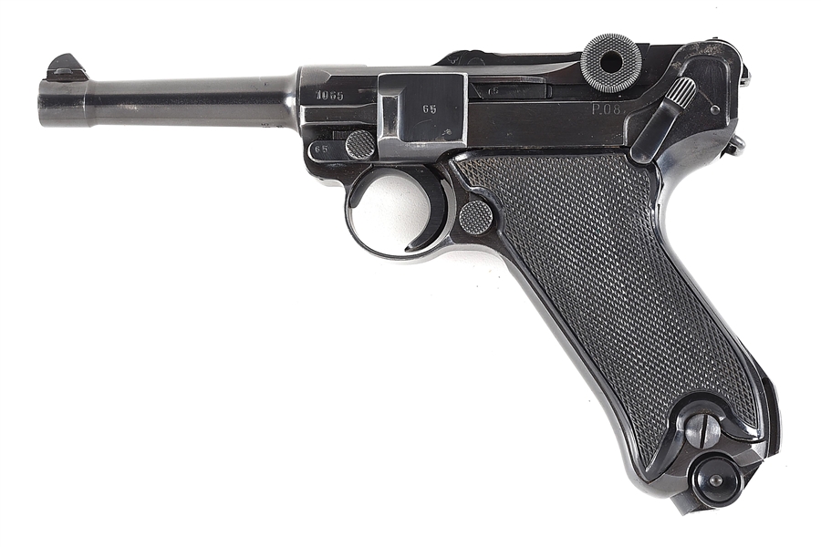 (C) 1941 MAUSER BLACK WIDOW P.08 LUGER SEMI AUTOMATIC PISTOL WITH HOLSTER.