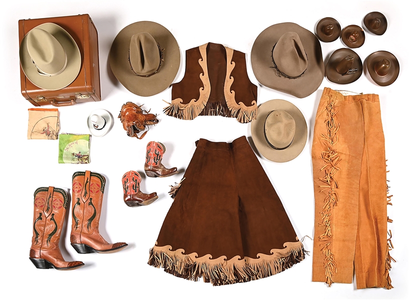 LOT OF WESTERN ATTIRE INCLUDING BOOTS AND STETSON HATS.