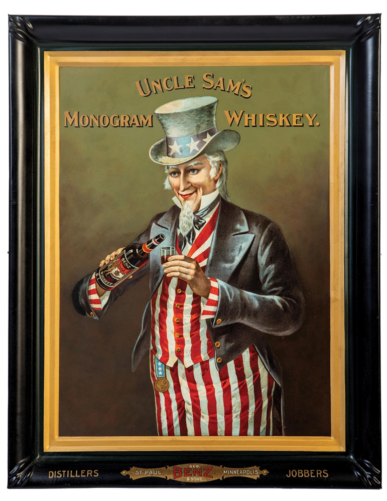 UNCLE SAMS WHISKEY SELF-FRAMED TIN LITHOGRAPH W/ UNCLE SAM GRAPHIC