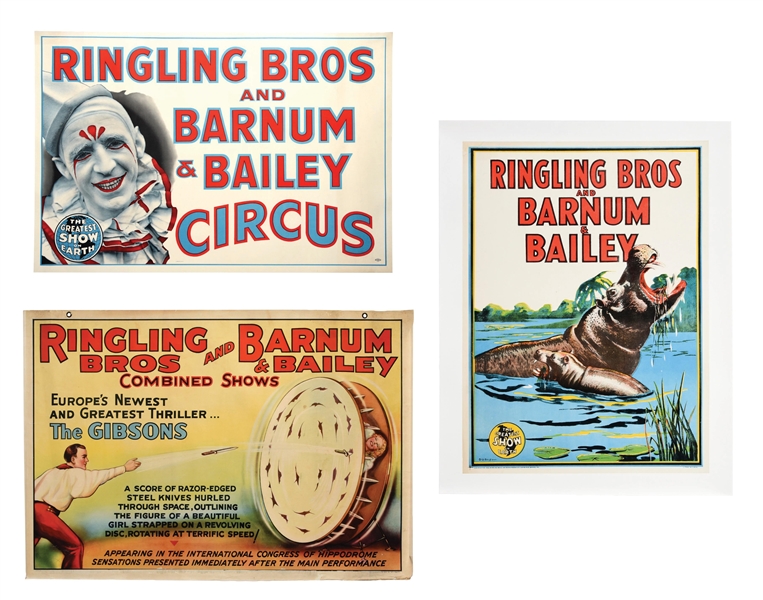COLLECTION OF 3 RINGLING BROS. AND BARNUM AND BAILEY LITHOGRAPHS W/ LINEN BACKING