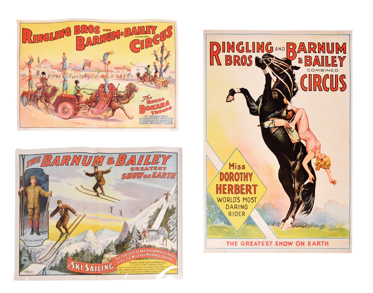COLLECTION OF 3 RINGLING BROS. AND BARNUM AND BAILEY CIRCUS POSTERS W/ LINEN BACKS.