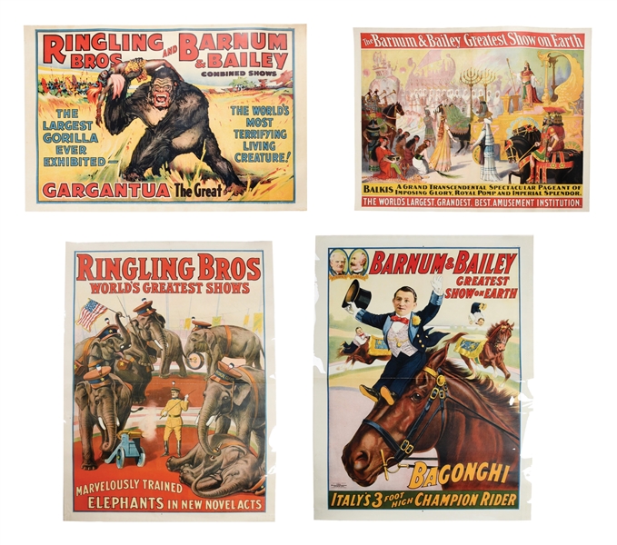 COLLECTION OF 4 RINGLING BROS. AND BARNUM AND BAILEY CIRCUS POSTERS APPLIED TO LINEN BACKS W/ CIRCUS GRAPHICS