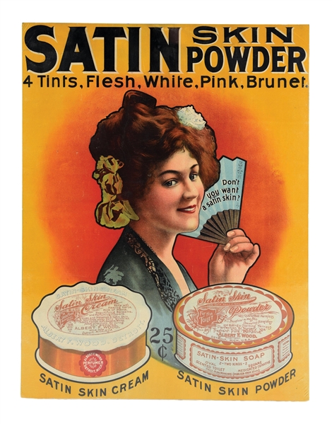 SATIN SKIN POWDER CARDSTOCK LITHOGRAPH W/ BEAUTIFUL WOMAN GRAPHICS.