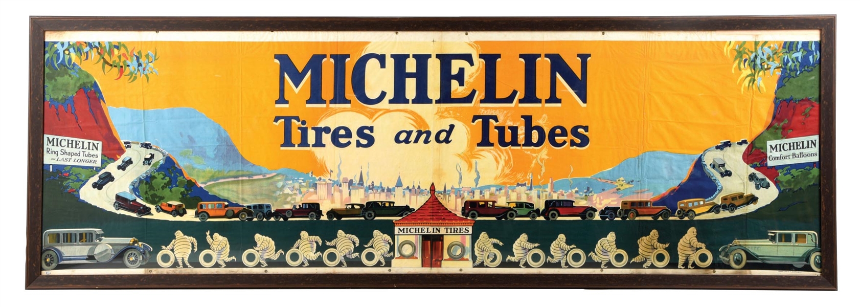 OUTSTANDING MICHELIN TIRES & TUBES FRAMED CLOTH BANNER W/ AUTOMOTIVE GRAPHICS. 