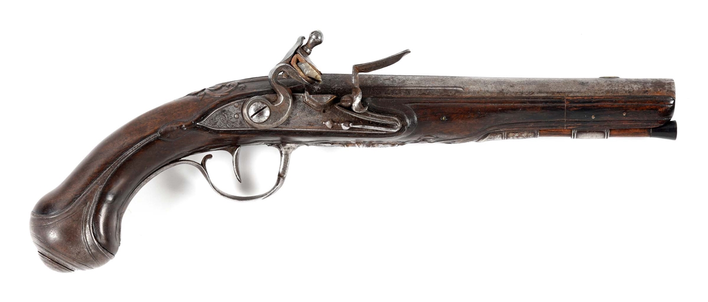 (A) FRENCH RELIEF CARVED FLINTLOCK PISTOL BY ROYET.