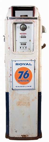 NATIONAL MODEL #69C W/ ORIGINAL ROYAL UNION 76 PORCELAIN PUMP PLATE.