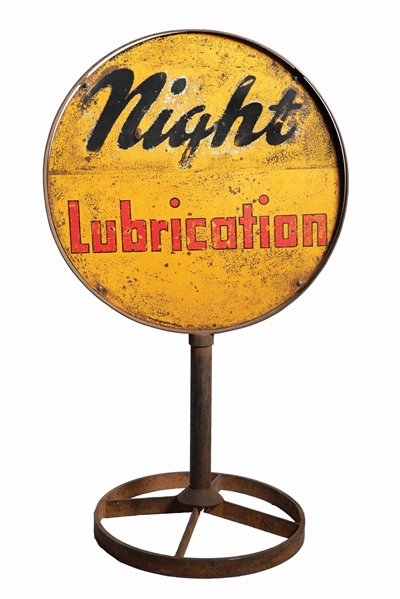 RARE SHELL NIGHT LUBRICATION TIN LOLLIPOP SERVICE STATION SIGN. 