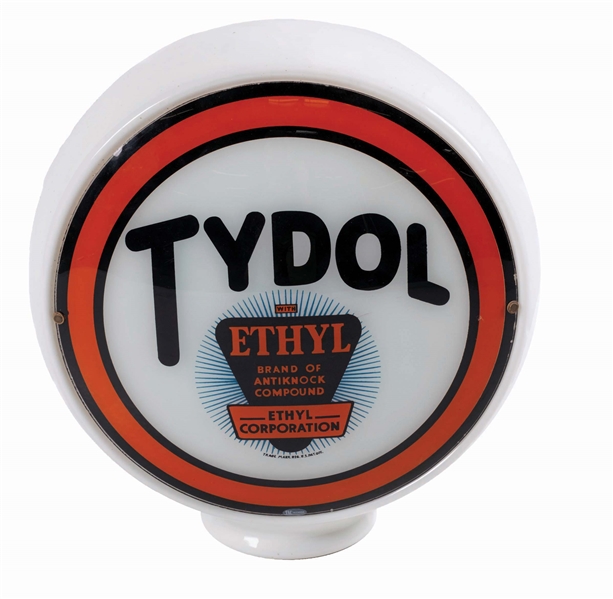 TYDOL WITH ETHYL COMPLETE 13.5" GLOBE ON WIDE MILK GLASS BODY. 